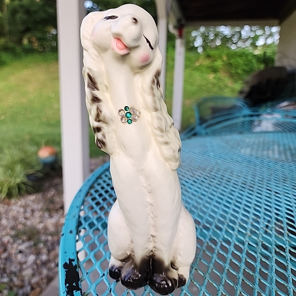 Wales Vintage Ceramic Figurine Tall White Black Smiling Spaniel Dog Rhinestones